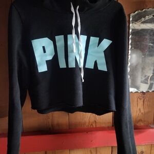 PINK Victoria's Secret Black Hoodie with Aqua Lettering